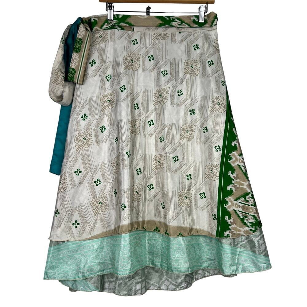 Wevez Sari Silk Bright Flower Boho Multicolor Layered Wrap Skirt Size M